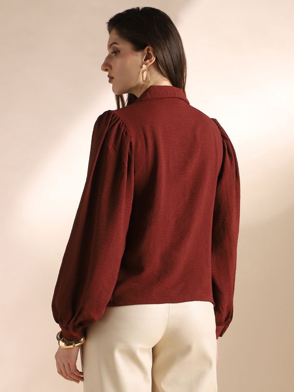 Globus Women Maroon Self Design Collared Neck Puff Sleeves Workwear Shirt