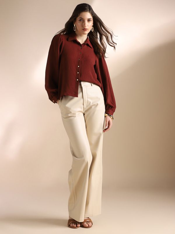 Globus Women Maroon Self Design Collared Neck Puff Sleeves Workwear Shirt