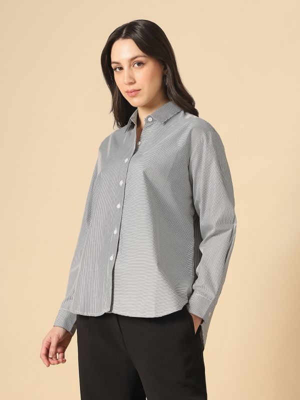 Globus Women Black Collared Neck Cuffed Sleeves Multi Stripes Curved Hem Oversized Workwear Shirt