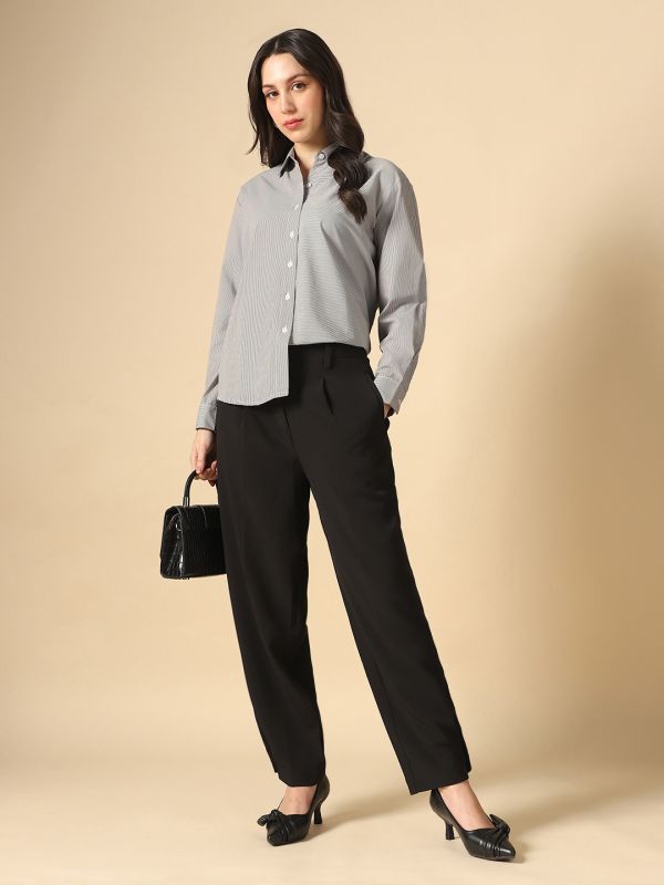 Globus Women Black Collared Neck Cuffed Sleeves Multi Stripes Curved Hem Oversized Workwear Shirt
