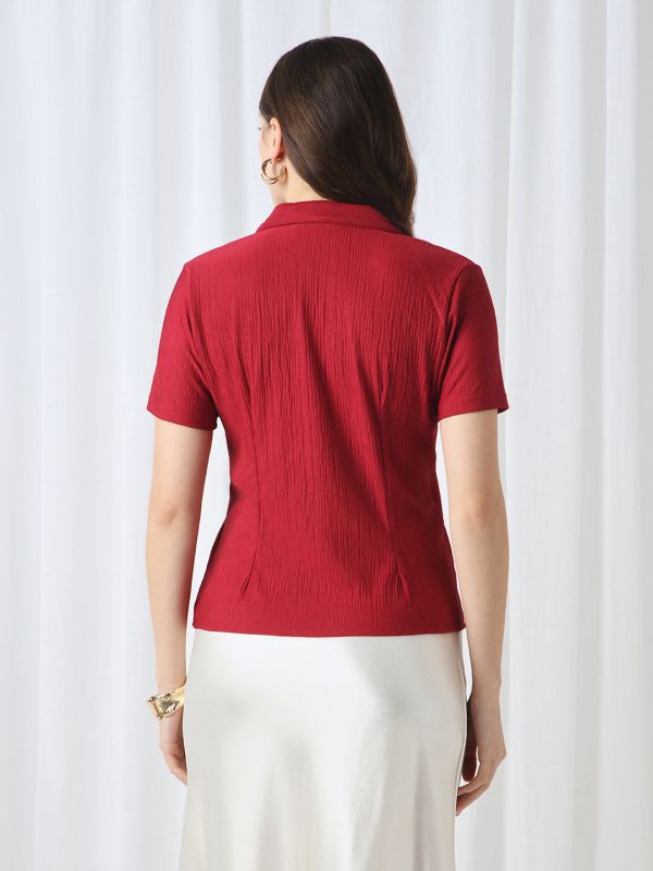 Globus Women Maroon Cuban Collar Short Sleeves Self Design Slim Fit Workwear Top