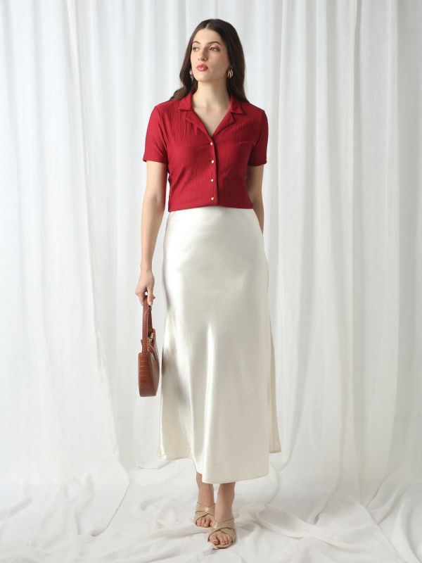 Globus Women Maroon Cuban Collar Short Sleeves Self Design Slim Fit Workwear Top