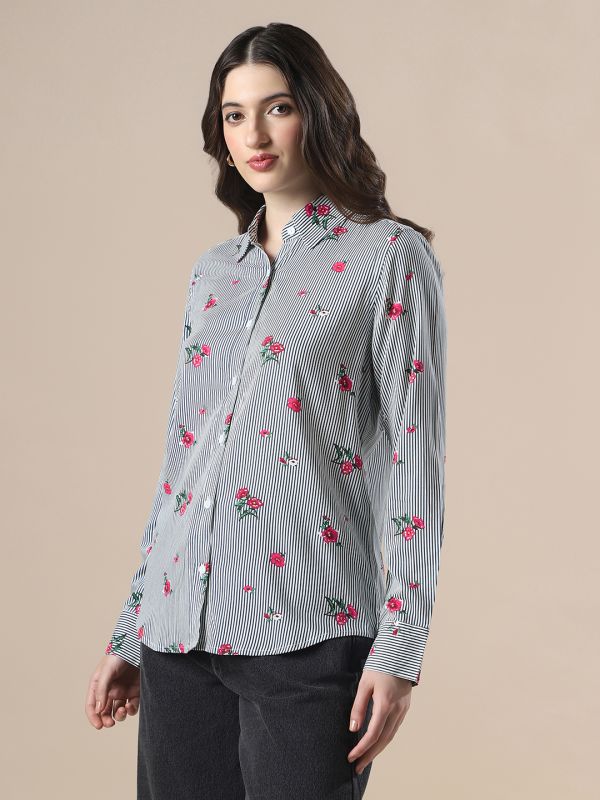 Globus Women Blue Striped Floral Print Spread Collar Cuffed Sleeves Relaxed Fit Workwear Shirt