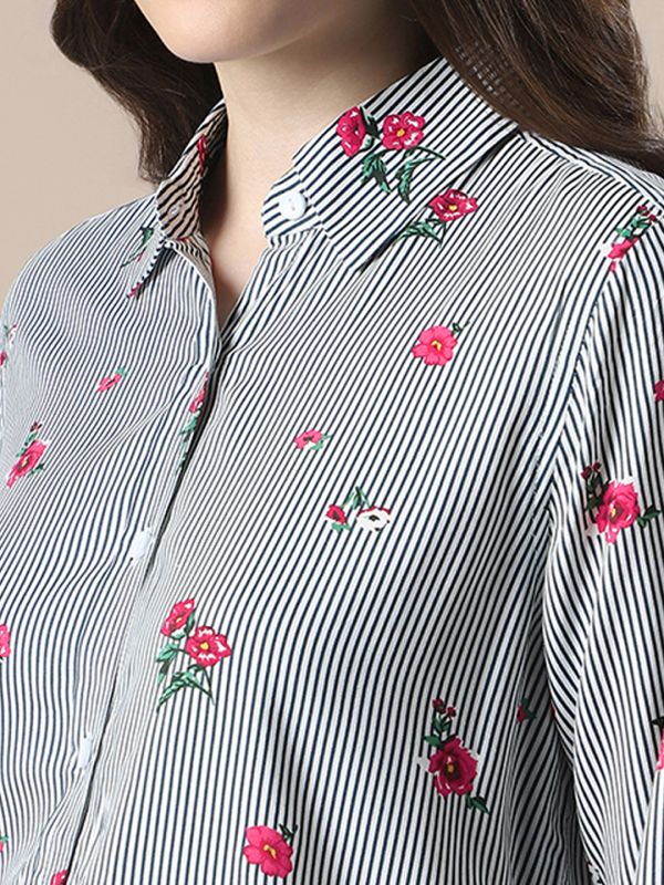 Globus Women Blue Striped Floral Print Spread Collar Cuffed Sleeves Relaxed Fit Workwear Shirt