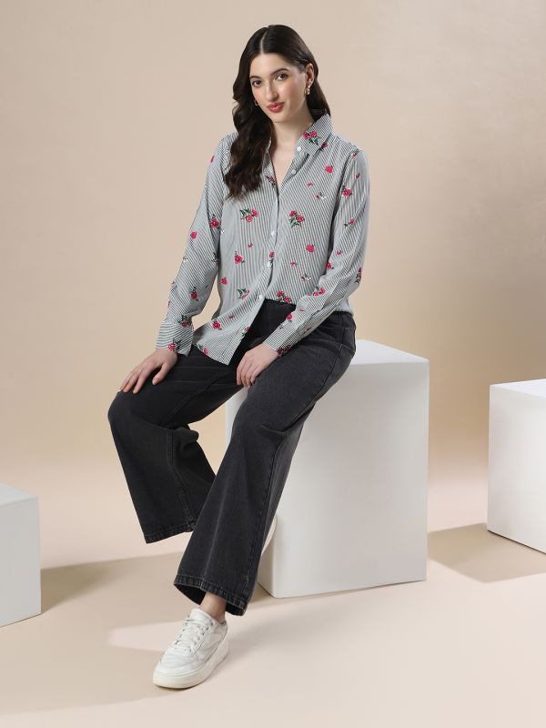 Globus Women Blue Striped Floral Print Spread Collar Cuffed Sleeves Relaxed Fit Workwear Shirt