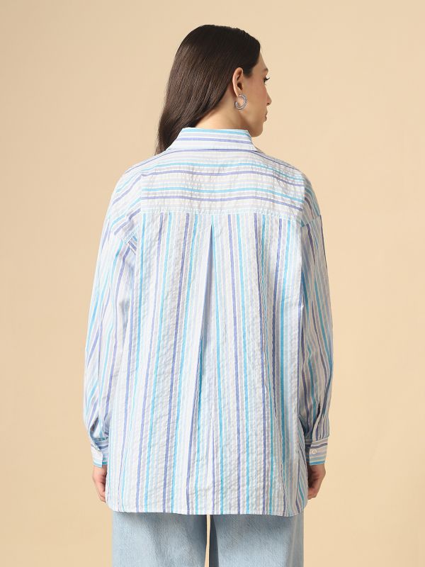 Globus Women Blue Collared Neck Cuffed Sleeves Multi Stripes Patch Pocket Curved Hem Oversized Shirt