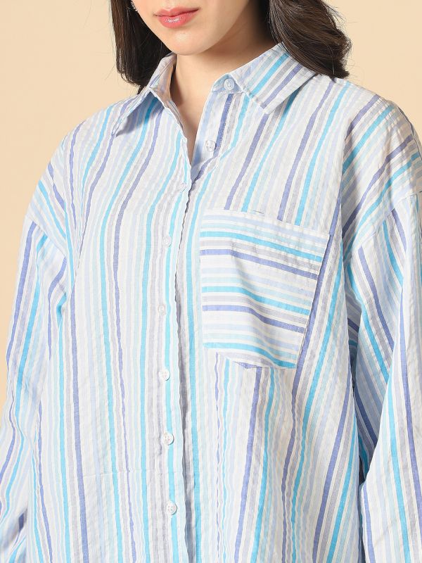 Globus Women Blue Collared Neck Cuffed Sleeves Multi Stripes Patch Pocket Curved Hem Oversized Shirt
