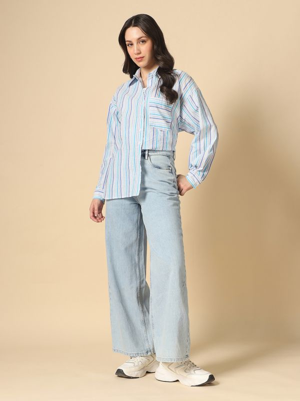 Globus Women Blue Collared Neck Cuffed Sleeves Multi Stripes Patch Pocket Curved Hem Oversized Shirt