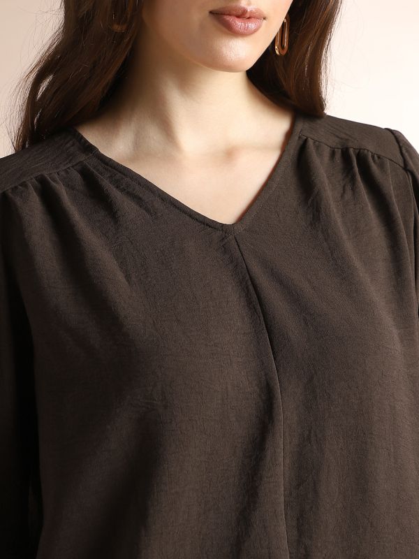 Globus Women Brown Self Design V-Neck Gathered Detail Workwear Top