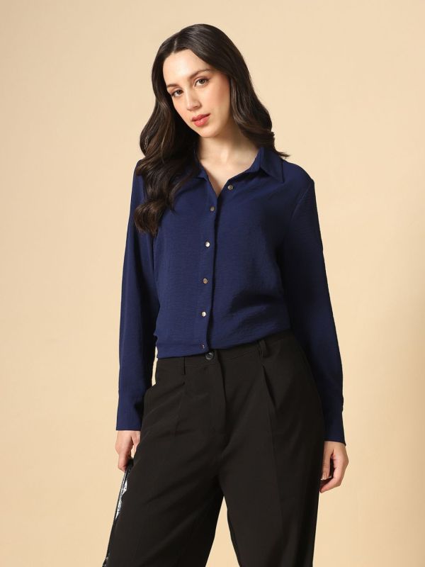 Globus Women Blue Collared Neck Cuffed Sleeves Self Design Curved Hem Workwear Shirt
