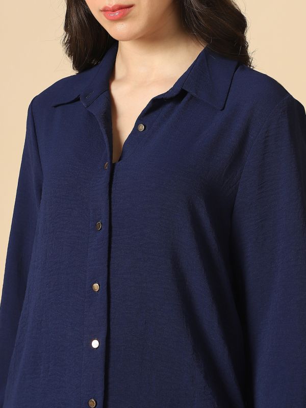 Globus Women Blue Collared Neck Cuffed Sleeves Self Design Curved Hem Workwear Shirt