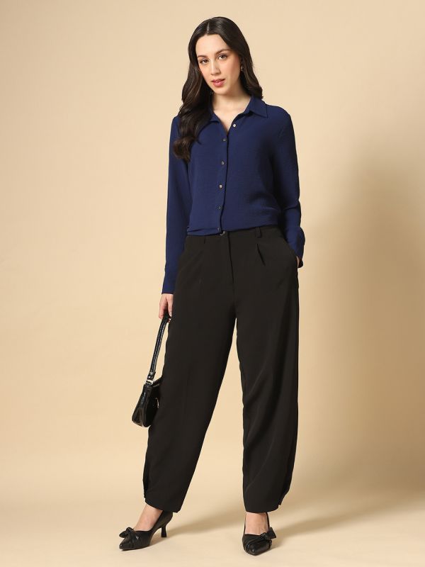 Globus Women Blue Collared Neck Cuffed Sleeves Self Design Curved Hem Workwear Shirt
