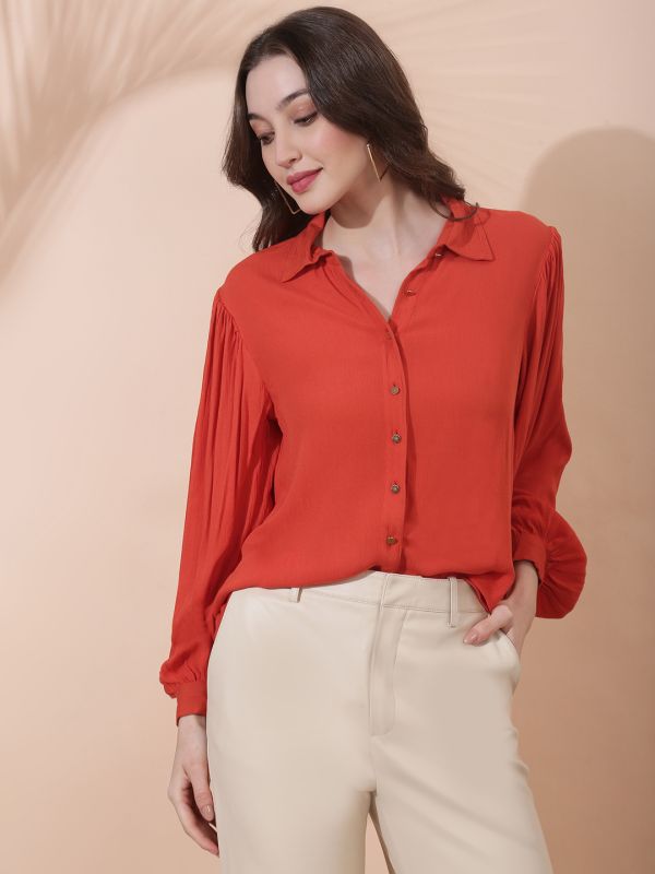 Globus Women Rust Collared Neck Bishop Sleeves Casual Shirt
