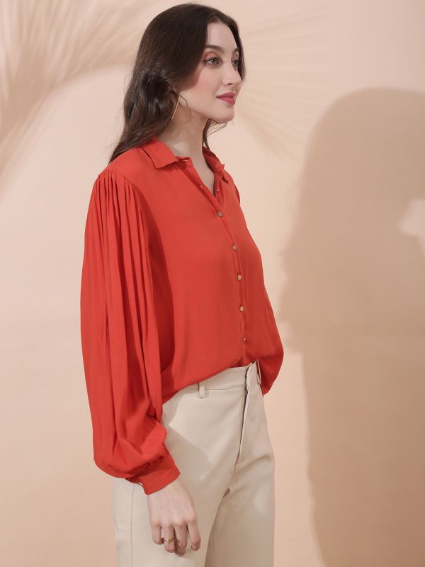 Globus Women Rust Collared Neck Bishop Sleeves Casual Shirt