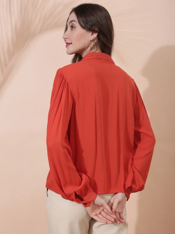 Globus Women Rust Collared Neck Bishop Sleeves Casual Shirt