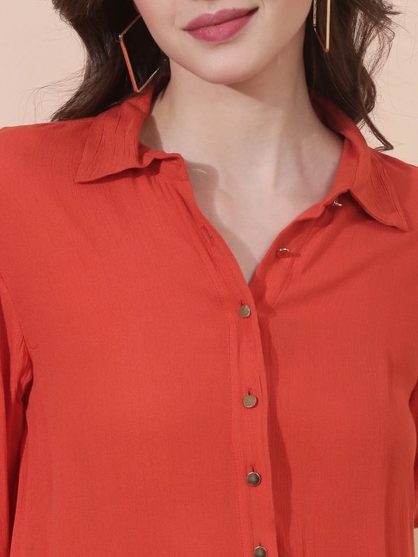 Globus Women Rust Collared Neck Bishop Sleeves Casual Shirt