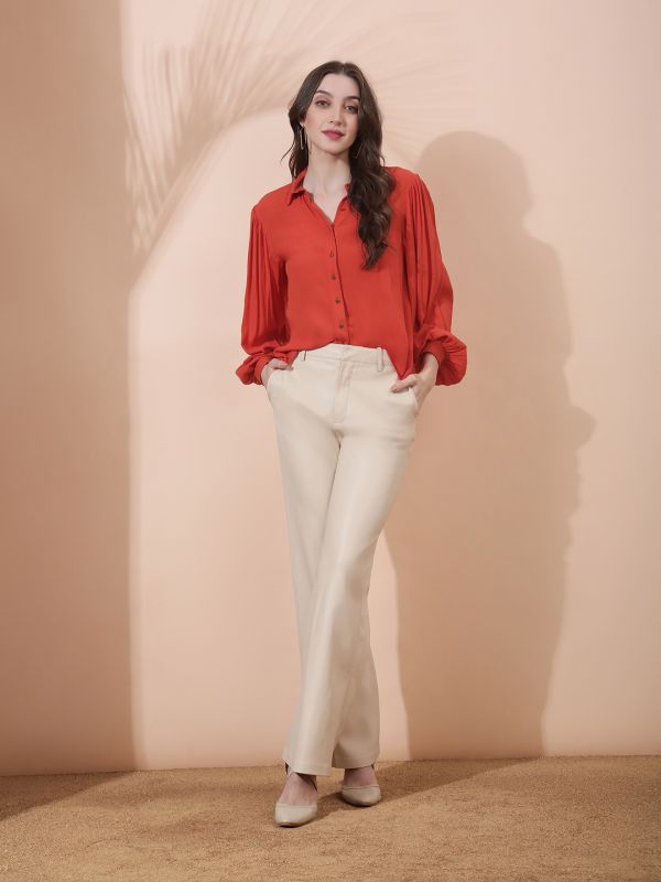 Globus Women Rust Collared Neck Bishop Sleeves Casual Shirt
