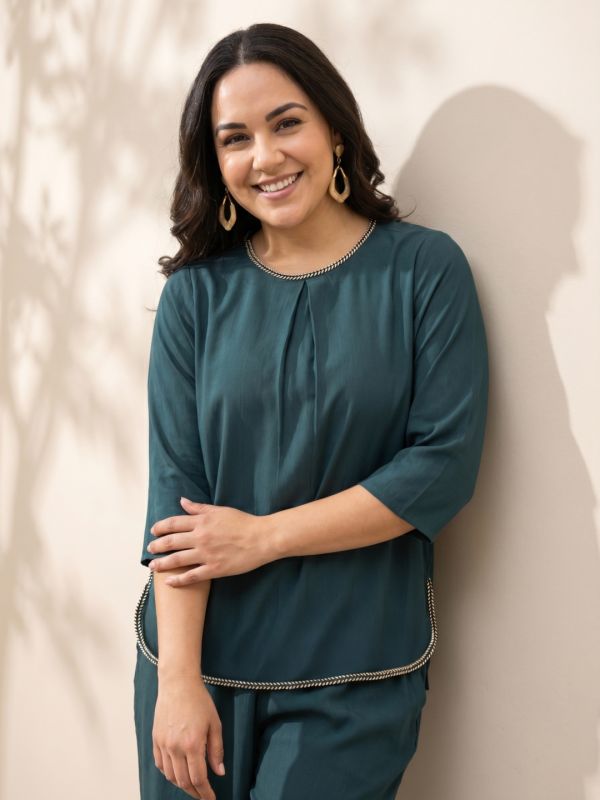 Globus Gloplus Women Teal Round Neck Braided Trim Detail Plus Size Top & Trousers Co-ord Set
