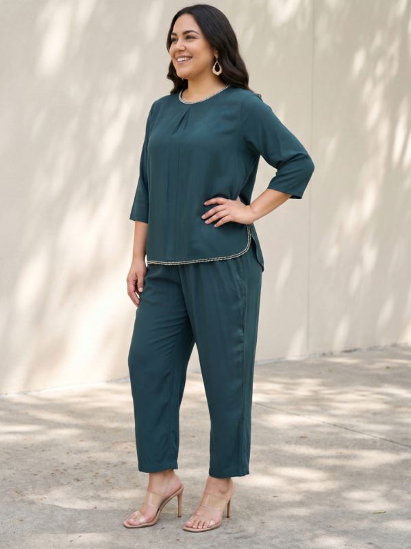 Globus Gloplus Women Teal Round Neck Braided Trim Detail Plus Size Top & Trousers Co-ord Set