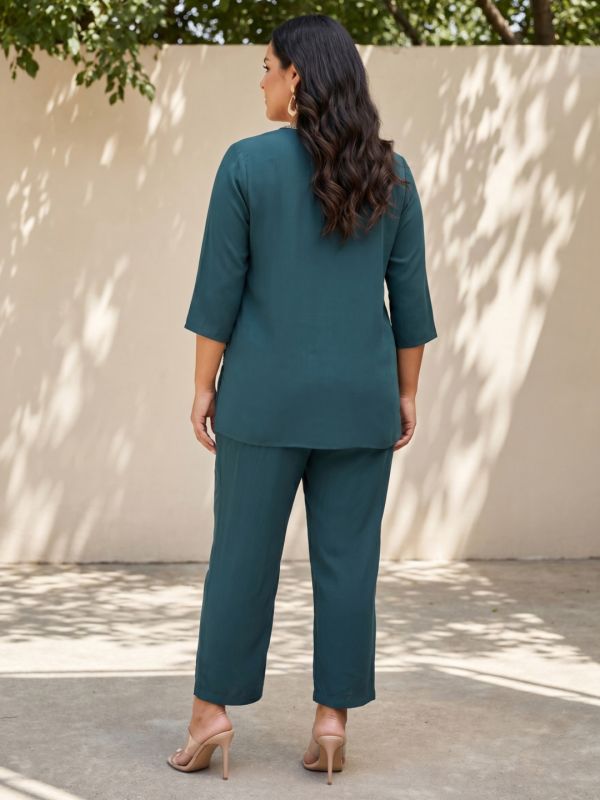 Globus Gloplus Women Teal Round Neck Braided Trim Detail Plus Size Top & Trousers Co-ord Set