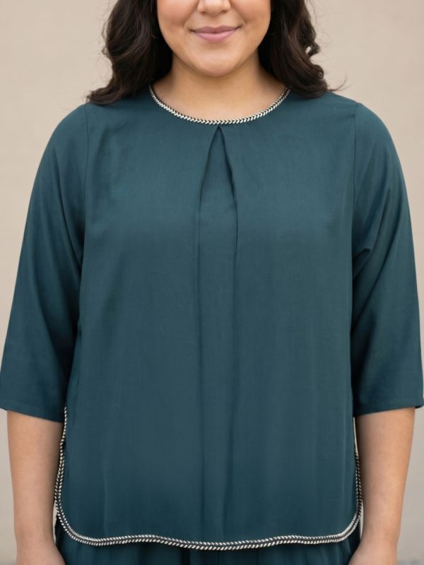 Globus Gloplus Women Teal Round Neck Braided Trim Detail Plus Size Top & Trousers Co-ord Set