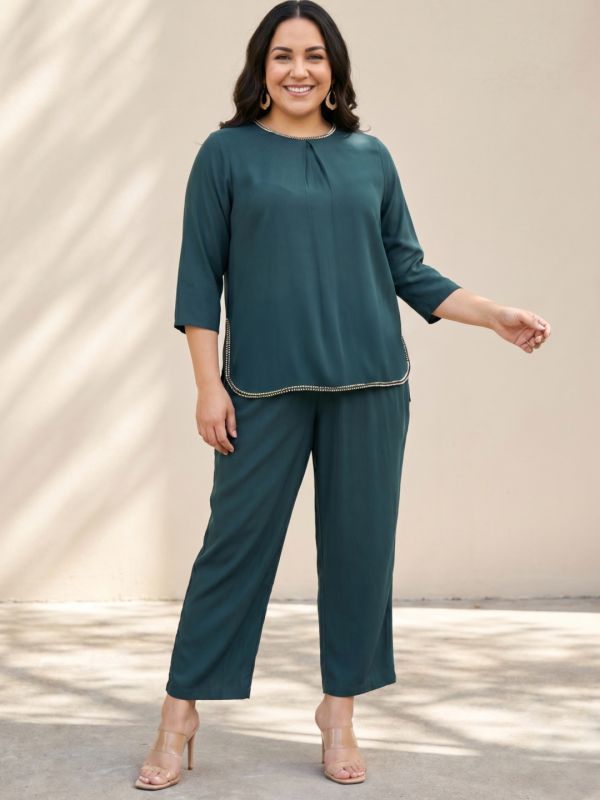 Globus Gloplus Women Teal Round Neck Braided Trim Detail Plus Size Top & Trousers Co-ord Set