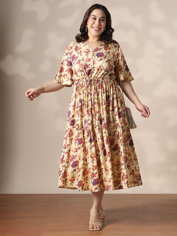 Globus Gloplus Women Cream Floral Printed V-Neck Flared Sleeves Waist Tie-Ups Fit & Flare Tiered Plus Size Midi Dress