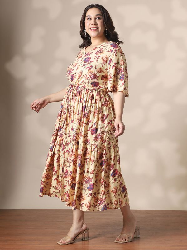 Globus Gloplus Women Cream Floral Printed V-Neck Flared Sleeves Waist Tie-Ups Fit & Flare Tiered Plus Size Midi Dress