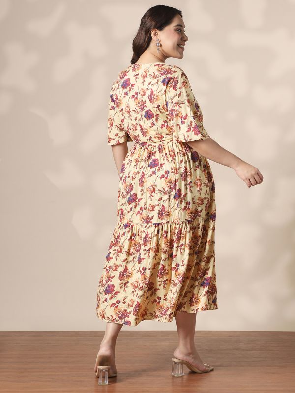 Globus Gloplus Women Cream Floral Printed V-Neck Flared Sleeves Waist Tie-Ups Fit & Flare Tiered Plus Size Midi Dress
