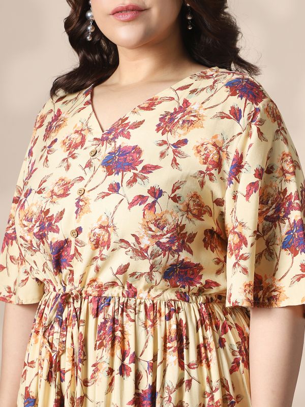 Globus Gloplus Women Cream Floral Printed V-Neck Flared Sleeves Waist Tie-Ups Fit & Flare Tiered Plus Size Midi Dress