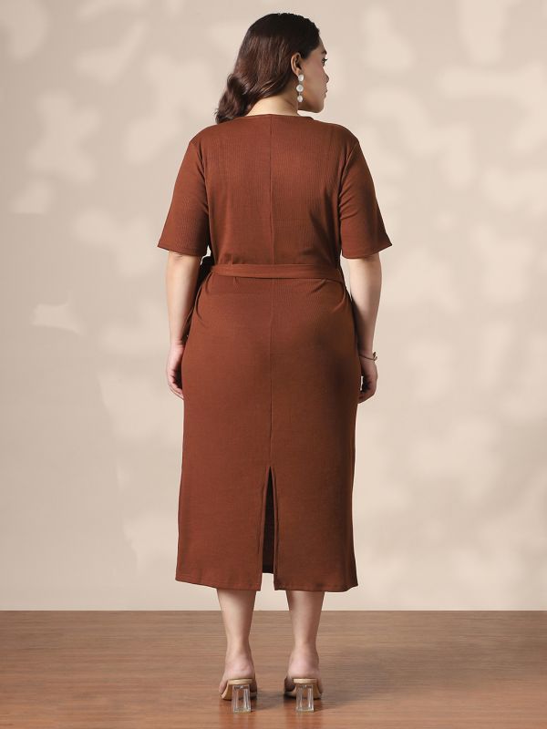 Globus Gloplus Women Brown Wrap V-Neck Waist Tie-Ups Ribbed Plus Size Midi Sheath Dress