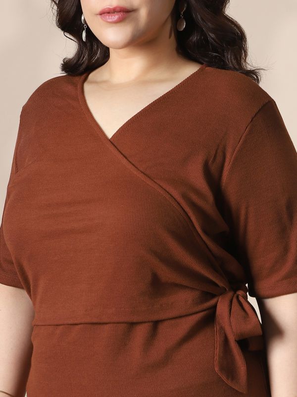 Globus Gloplus Women Brown Wrap V-Neck Waist Tie-Ups Ribbed Plus Size Midi Sheath Dress