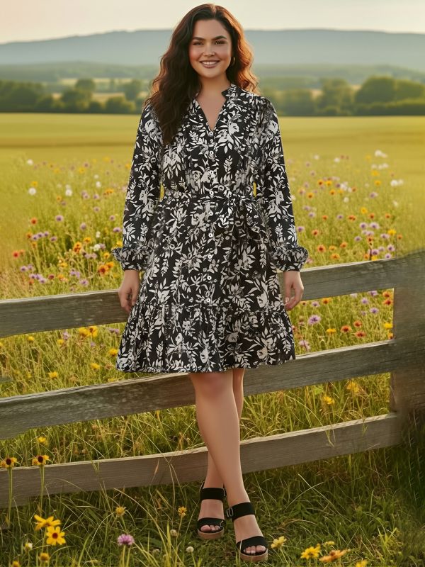 Globus Gloplus Women Black Mandarin Collar Bishop Sleeves Floral Print Pleated Tiered Mini Plus Size Shirt Style Dress With Belt