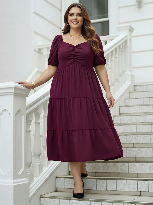 Globus Gloplus Women Burgundy Sweetheart Neck Puff Sleeves Self Design Ruched Detail Tiered Midi Plus Size A-Line Dress