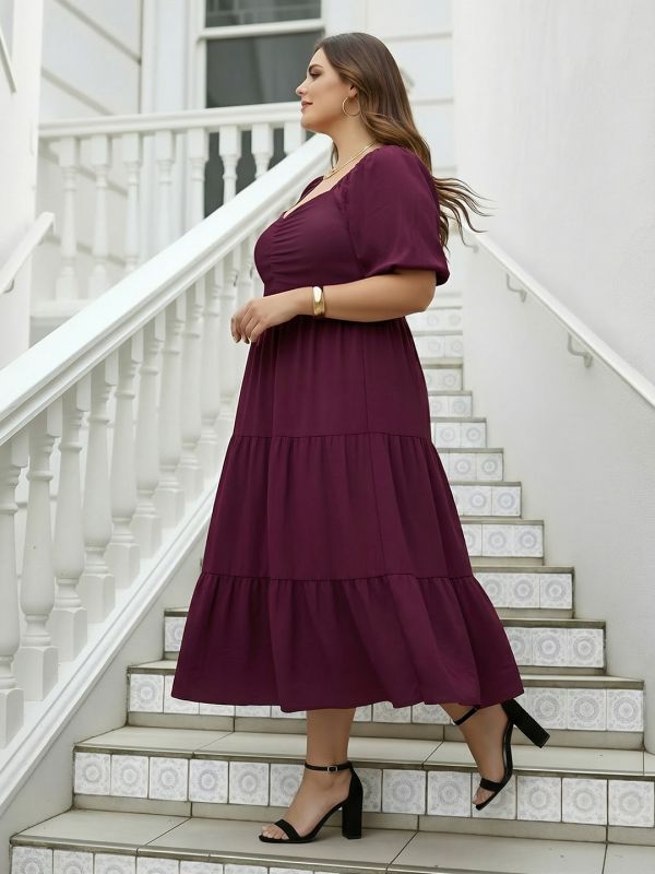 Globus Gloplus Women Burgundy Sweetheart Neck Puff Sleeves Self Design Ruched Detail Tiered Midi Plus Size A-Line Dress