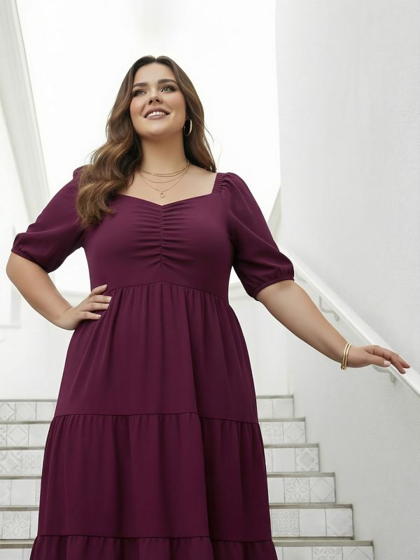 Globus Gloplus Women Burgundy Sweetheart Neck Puff Sleeves Self Design Ruched Detail Tiered Midi Plus Size A-Line Dress