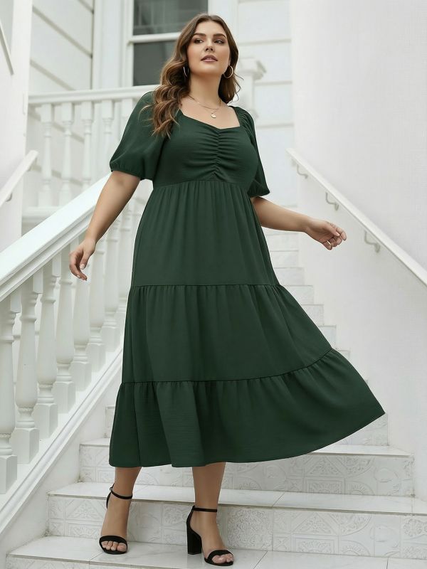 Globus Gloplus Women Olive Sweetheart Neck Puff Sleeves Self Design Ruched Detail Tiered Midi Plus Size A-Line Dress