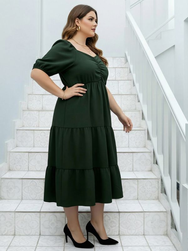 Globus Gloplus Women Olive Sweetheart Neck Puff Sleeves Self Design Ruched Detail Tiered Midi Plus Size A-Line Dress