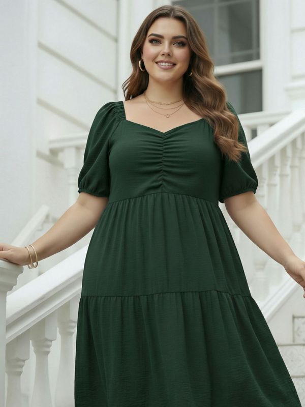 Globus Gloplus Women Olive Sweetheart Neck Puff Sleeves Self Design Ruched Detail Tiered Midi Plus Size A-Line Dress