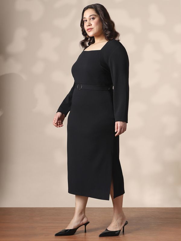 Globus Gloplus Women Black Square Neck Full Sleeves Belted Side Slit Plus Size Midi Bodycon Dress