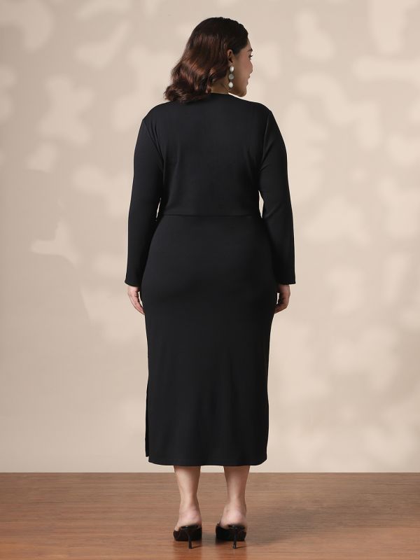Globus Gloplus Women Black Square Neck Full Sleeves Belted Side Slit Plus Size Midi Bodycon Dress