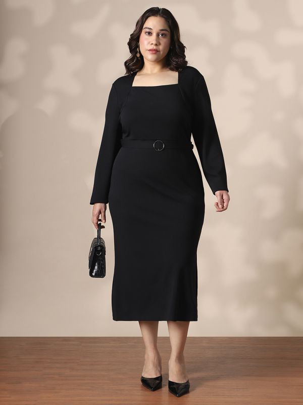 Globus Gloplus Women Black Square Neck Full Sleeves Belted Side Slit Plus Size Midi Bodycon Dress