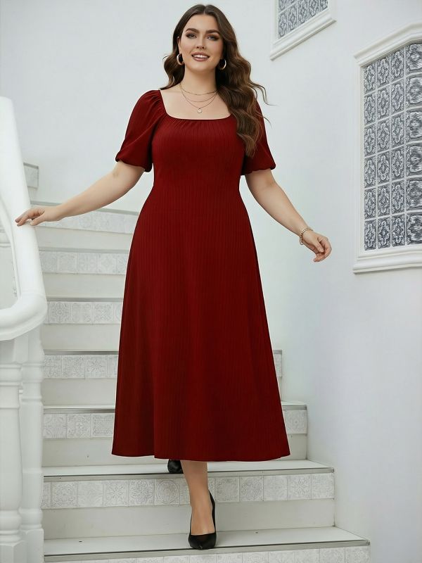 Globus Gloplus Women Maroon Square Neck Puff Sleeves Self Design Smocked Plus Size Fit & Flare Midi Dress