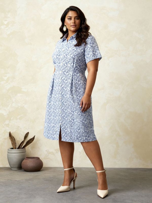 Globus Gloplus Women Blue Collared Neck Striped Pleated Midi Fit & Flare Shirt Style Plus Size Dress