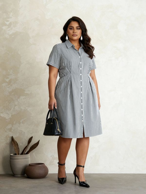 Globus Gloplus Women Black Collared Neck Striped Pleated Midi Workwear Fit & Flare Shirt Style Dress