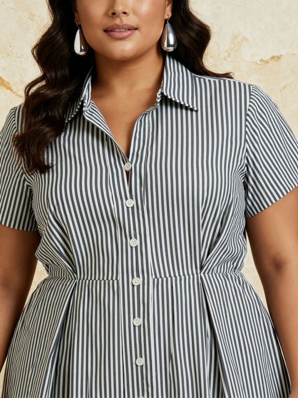 Globus Gloplus Women Black Collared Neck Striped Pleated Midi Workwear Fit & Flare Shirt Style Dress