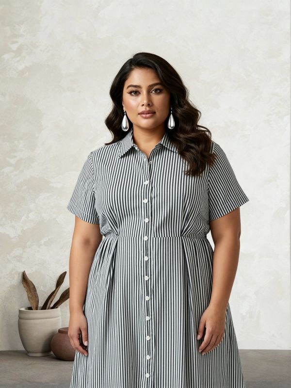 Globus Gloplus Women Black Collared Neck Striped Pleated Midi Workwear Fit & Flare Shirt Style Dress