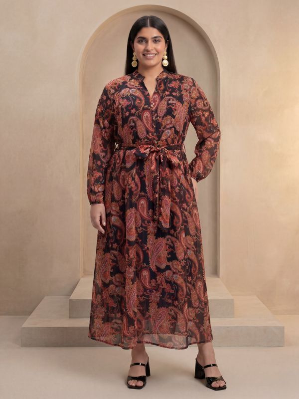 Globus Gloplus Women Multi Colour Paisley Print Mandrin Collar Raglan Sleeves Belted Lurex Detail Fit & Flare Plus Size Maxi Dress