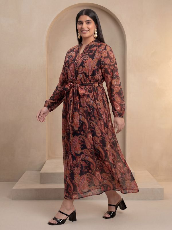 Globus Gloplus Women Multi Colour Paisley Print Mandrin Collar Raglan Sleeves Belted Lurex Detail Fit & Flare Plus Size Maxi Dress