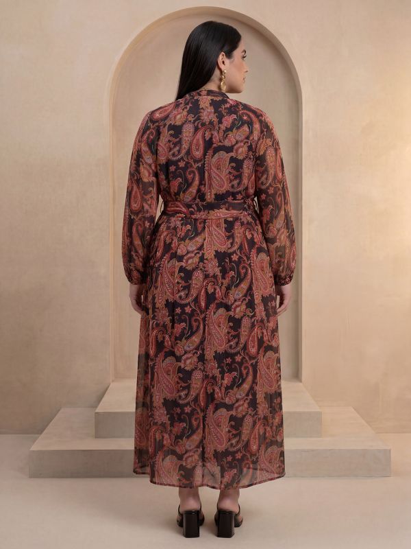Globus Gloplus Women Multi Colour Paisley Print Mandrin Collar Raglan Sleeves Belted Lurex Detail Fit & Flare Plus Size Maxi Dress